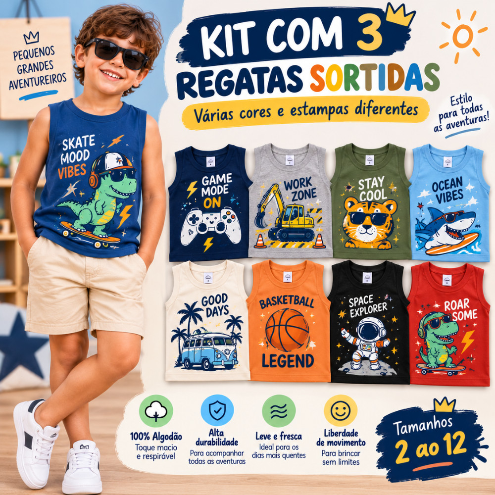 Kit Sortido 3 Regatas Infantil Menino Estampada Tamanho 2 ao 12 Roupa Infantil Bebê Menino Verão Masculino