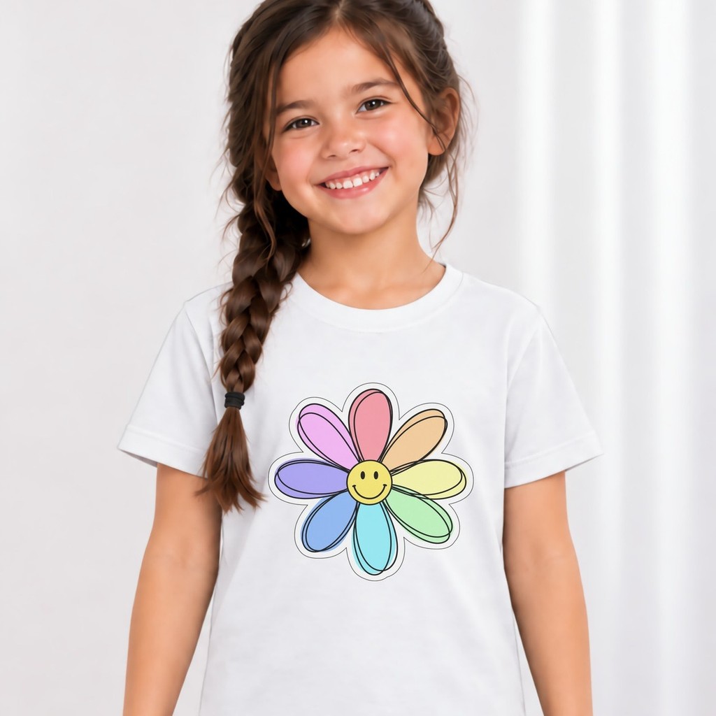 Camiseta Infantil Menina Flor Sorridente Colorida Estampada Divertida Feliz 100% Algodão Fim de Semana Presente