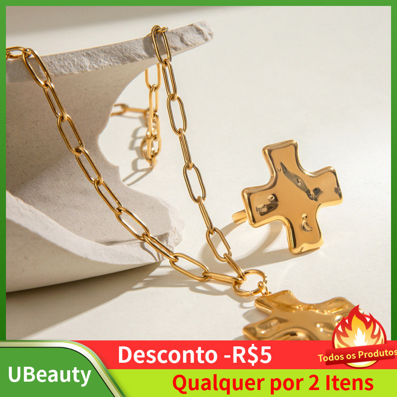 Colar de cruz robusto para mulheres, colar de pingente de cruz em camadas, moderno, em ouro 14K e prata, colar de corren