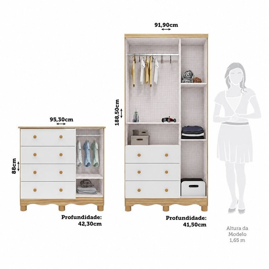 Quarto Infantil com Guarda-Roupa 3 Portas e Cômoda 1 Porta 100% MDF Mimo Espresso Móveis Branco/Brilho/Amêndoa Branco · foto 2