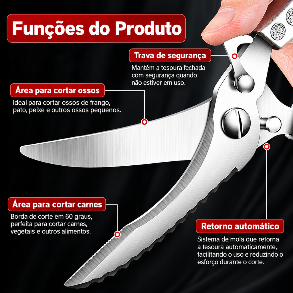 Tesoura de Cozinha Reforçada para Cortar Ossos Carne Peixe e Legumes — imagem 2 de 2