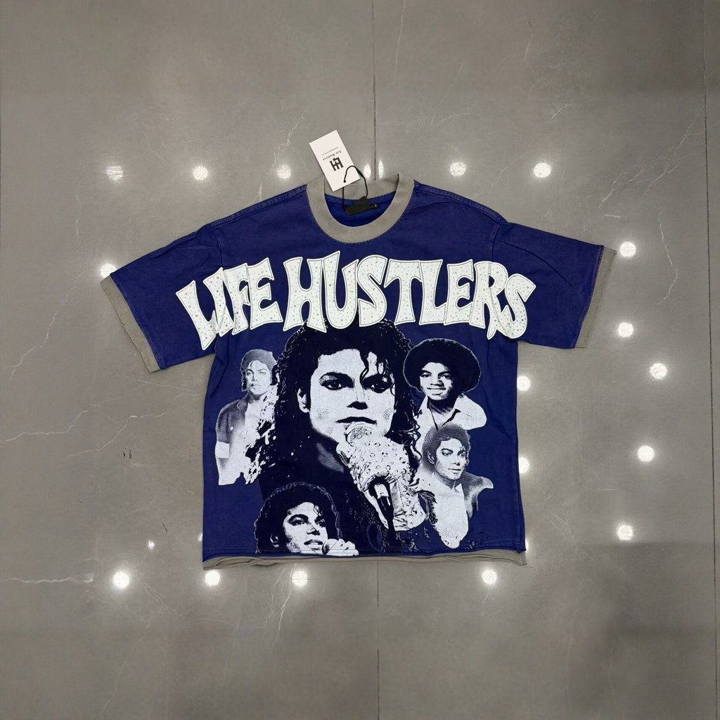 Americano Retro lavado MJ impresso quente diamante carta em torno do pescoço de manga curta camiseta masculina solta na 