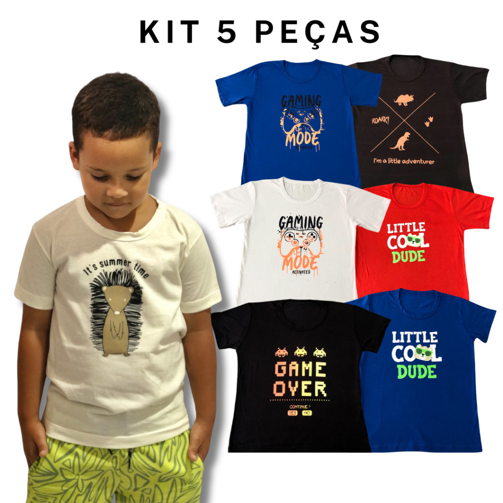 Kit 5 Camisetas Verão Infantis Masculinas Algodão Premium Estampas Sortidas Moda Roupa para Meninos 4 ao 12