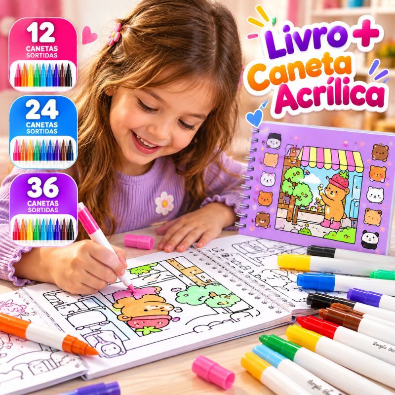 Kit Livro de Colorir Booboo Goods + Canetas Ponta Dupla Ursinhos Fofos Papel 180g 50 Folhas