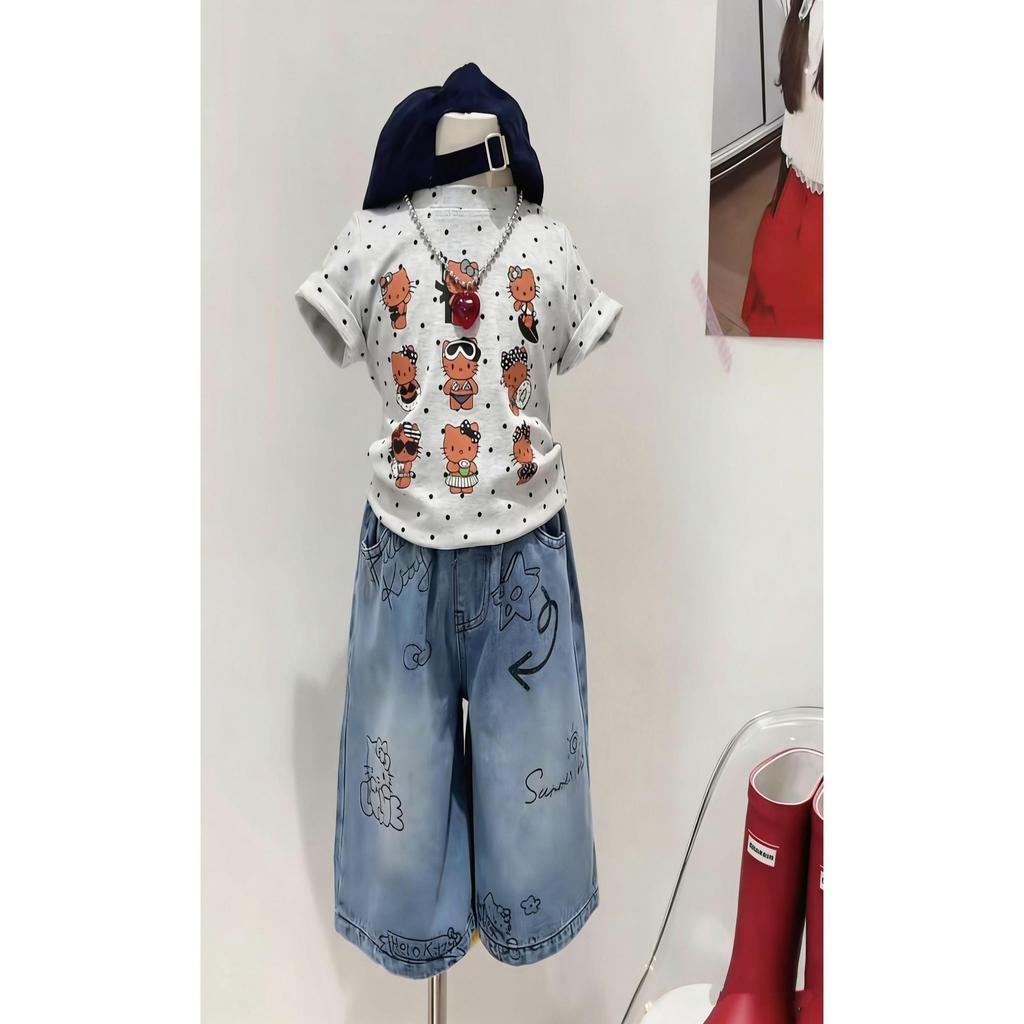 Crianças roupas 2026 verão novo estilo meninas terno moda KT impresso camiseta de manga curta crianças Graffiti Jeans te