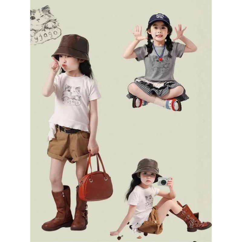 Verão menina bebê pele-amigável dos desenhos animados camiseta crianças algodão t gato impresso camiseta Flanging Shorts