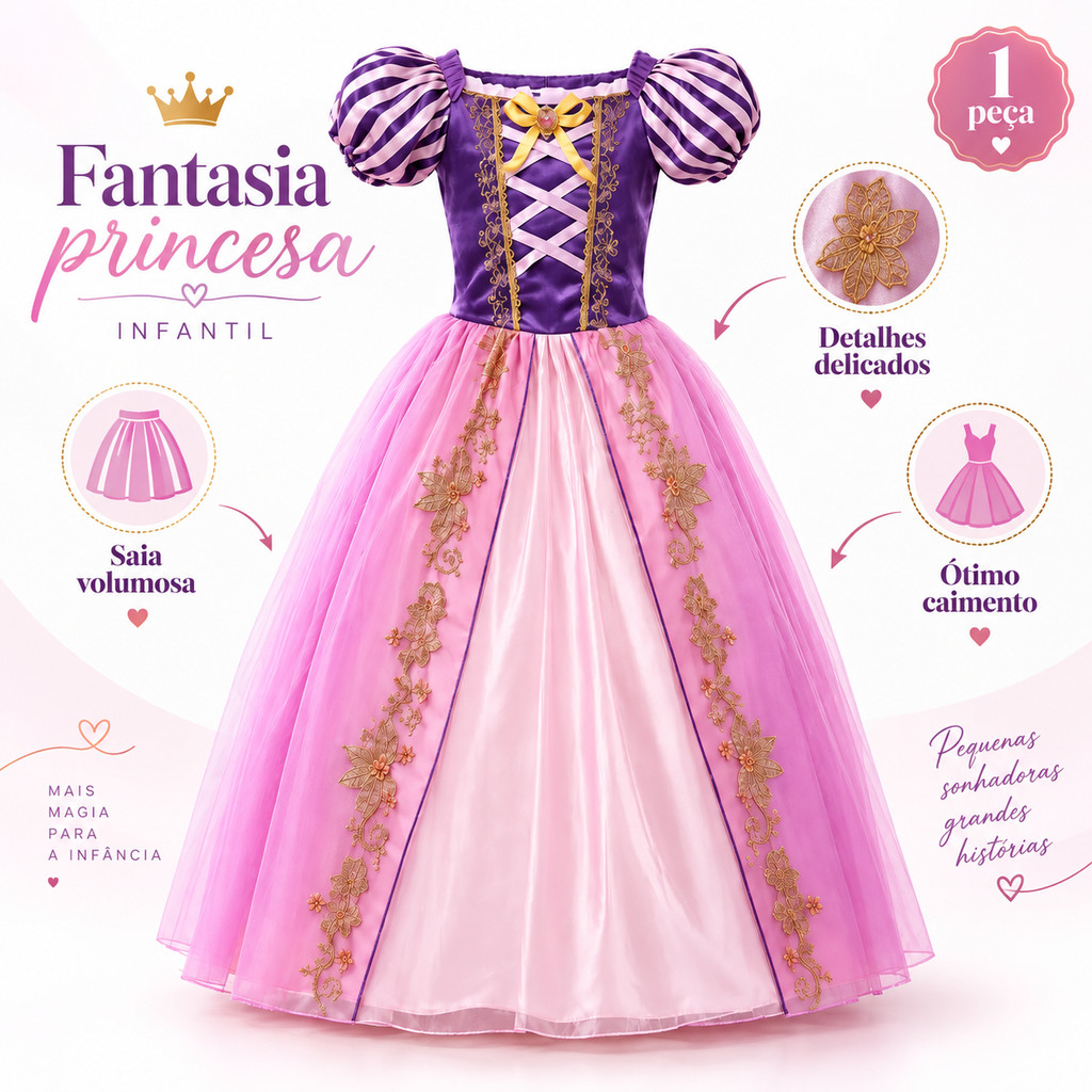 Vestido Princesa rapunzel Rosa e roxo da Rapunzel para Festa Aniversário de Dia das Crianças