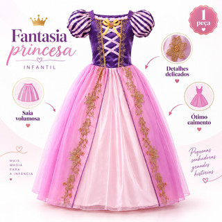 Vestido Princesa rapunzel Rosa e roxo da Rapunzel para Festa Aniversário de Dia das Crianças