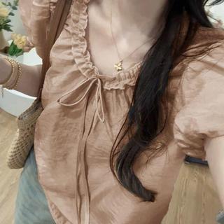 [Novidades] Verão novo estilo simples com cadarço fungo borda camisa de manga curta para bebê, Top solto estilo ocidenta