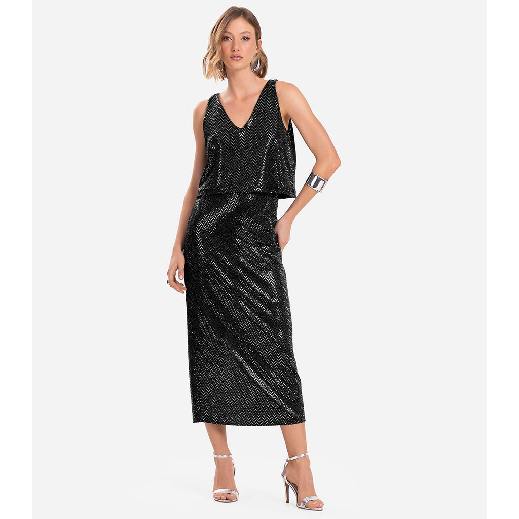Saia Midi Com Lantejoula Endless Preto