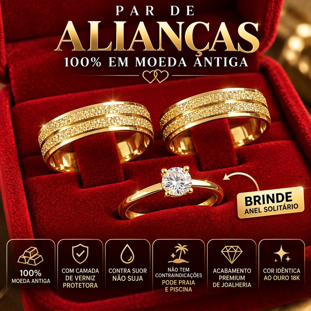 Par de alianças de casamento 4mm jateada linha meio moeda antiga + anel solitario 100% em moeda cor de ouro 18k
