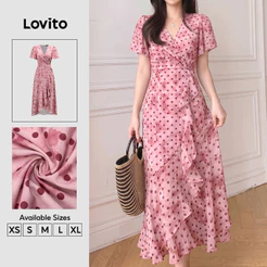 Lovito Vestido Elegante com Babado e Zíper Assimétrico Rosa Primavera/verão para mulheres DRK9P1D1011