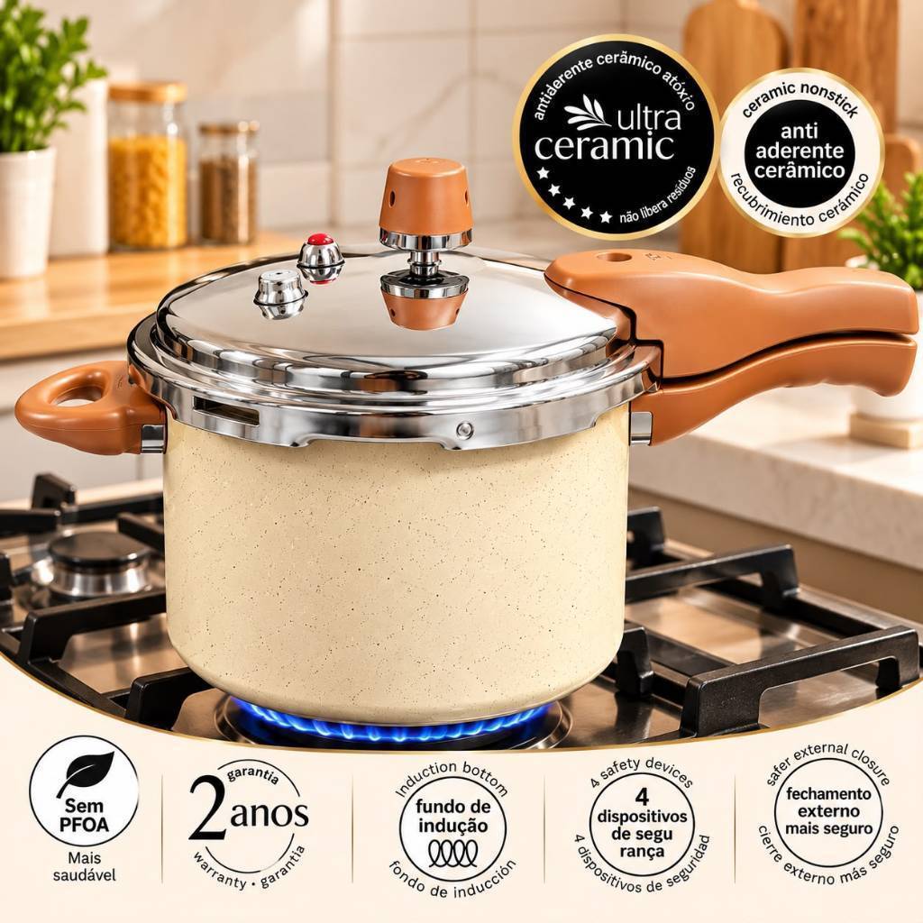 Panela Pressão Revestimento cerâmico antiaderente Cerâmica Indução 4,4L 4 Válvulas