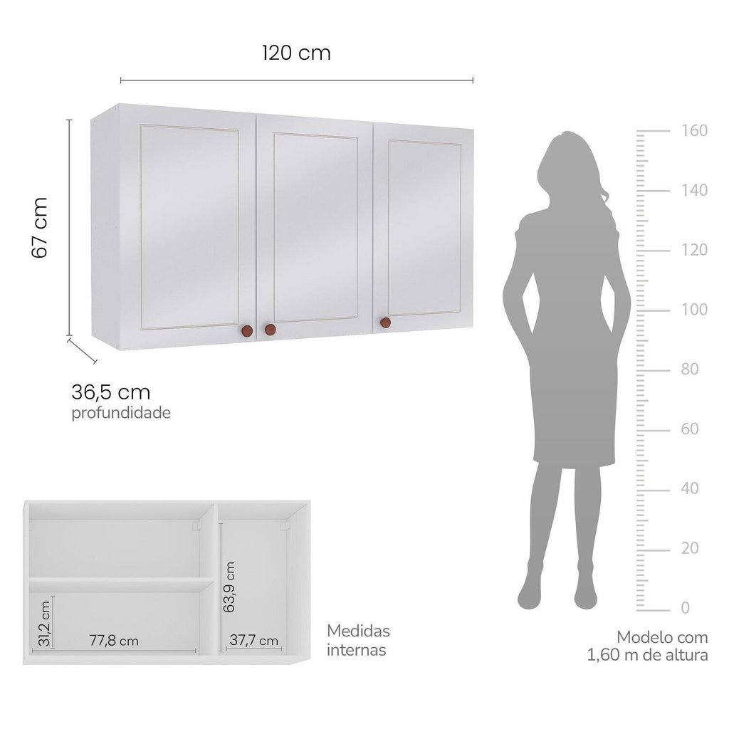 Armário Aéreo 3 Portas 120 cm Pérola Yescasa Branco Branco · foto 2