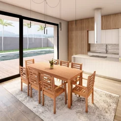 Conjunto Mesa com 8 Cadeiras Empilháveis Madeira Maciça Marrom
