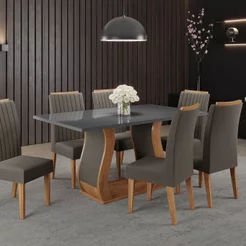 Conjunto Mesa de Jantar Retangular Manuela 160x80cm sem Vidro e 6 Cadeiras Yescasa Cinza/Grafite/Mel Grafite/Mel
