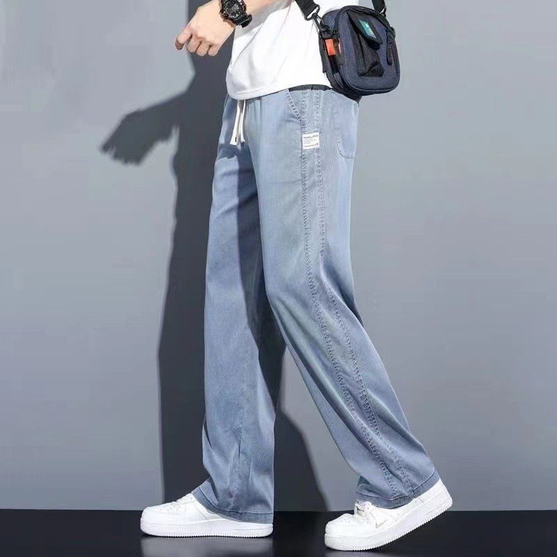 Verão fino Tencel Jeans masculino solto em linha reta perna larga calças casuais masculino Ultra-fino gelo seda rua Wear