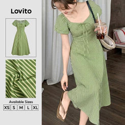 Lovito Vestido Verde Elegante Listrado Com Amarração E Babados Para Trabalho Primavera Verão Feminino DRB202P2D574