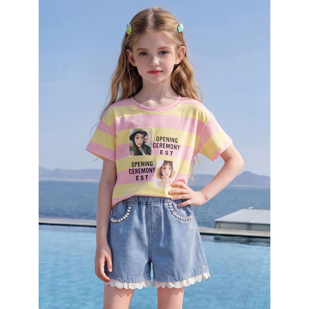 Meninas estilo coreano dopamina terno 2026 verão listrado manga curta camiseta Denim Shorts médio grande crianças influe