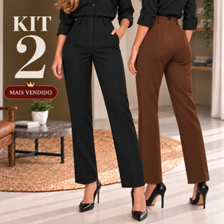 KIT 2 Calça Feminina Alfaiataria Premium Cintura Alta Slim Social Elegante Com Bolso Invisível Moda Feminina Executiva