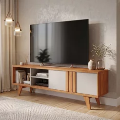 Rack para TV até 60 Polegadas 100% MDF 180cm Pés em Madeira Maciça Linhares Espresso Móveis Marrom Cinamomo/Off