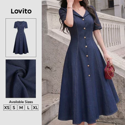 Lovito Vestido Azulmarinho Elegante Com Botões Drapeado Linha a Primavera Verão Trabalho Feminino DRB201P1D187