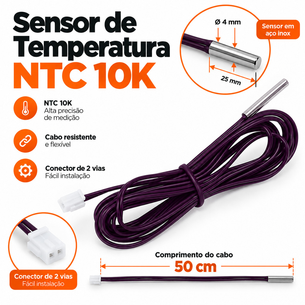 Sensor de temperatura NTC 10k cabo 50cm