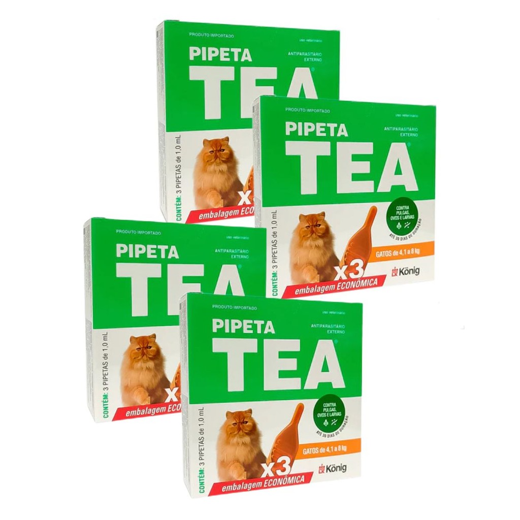 04 Antipulgas TEA Gatos Pipeta X3 unid 4,1 até 8KG 1ML Konig