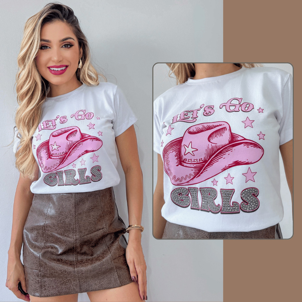 Blusa Tshirt Feminina Moda Country Chapéu com Strass Algodão Premium Western Rodeio Cowgirl