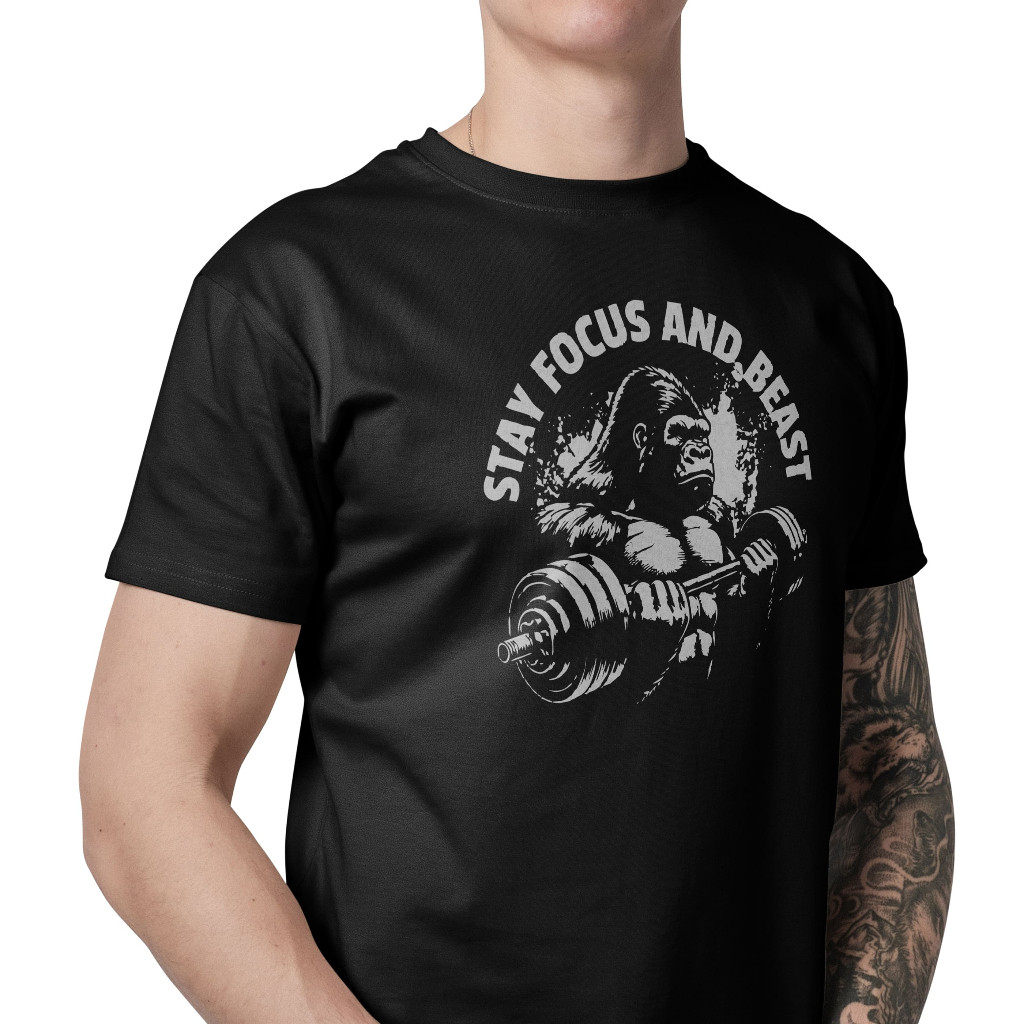 Camiseta De Academia Fitness Gorila Escrita Stay Focus And Beats Masculina 100% Algodão