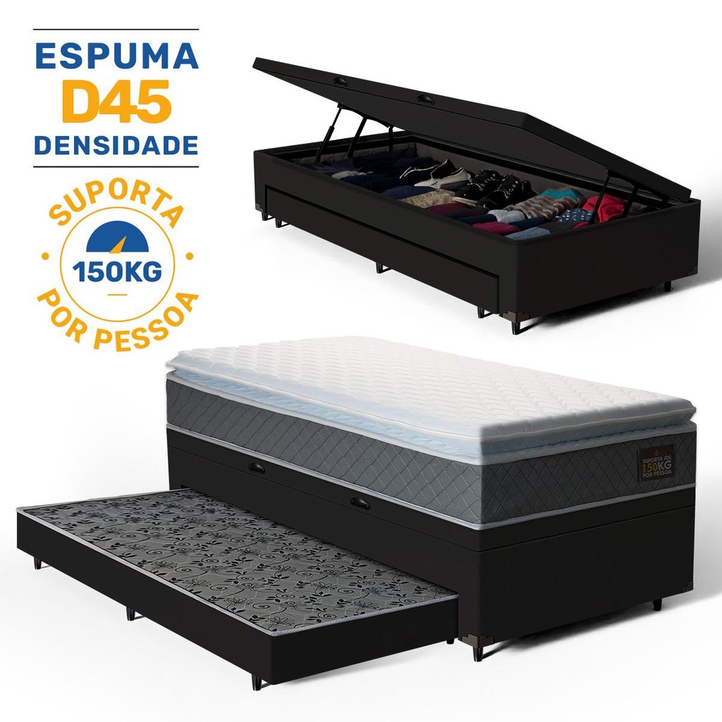 Cama Box Baú com Colchão de Espuma D45 Pillow Top Fort Comfort + Auxiliar Unique Solteiro 88cm em Oferta na Shopee