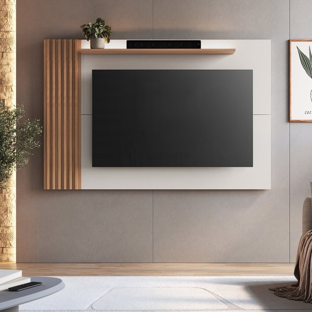 Painel Ripado para TV até 65 Polegadas 182cmx120cm Detalhe Arkansas Bege Freijó/Off White