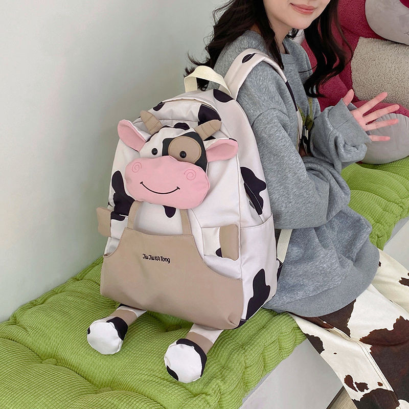 [SJB] ins Mochila fofa estilo vaca masculina e feminina de grande capacidade, bolsa escolar de estudante estilo desenho