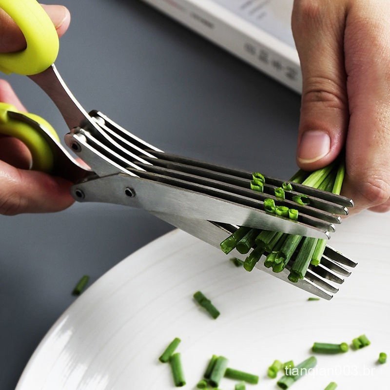 Tesouras Multicamadas Cortador de Cebolinha em Aço Inoxidável 5 Lâminas Multiuso para Ervas Utensílio de Cozinha