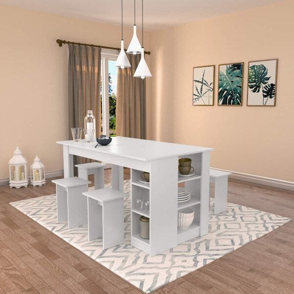Conjunto Mesa com Nichos e 4 Bancos Branco em Oferta na Shopee