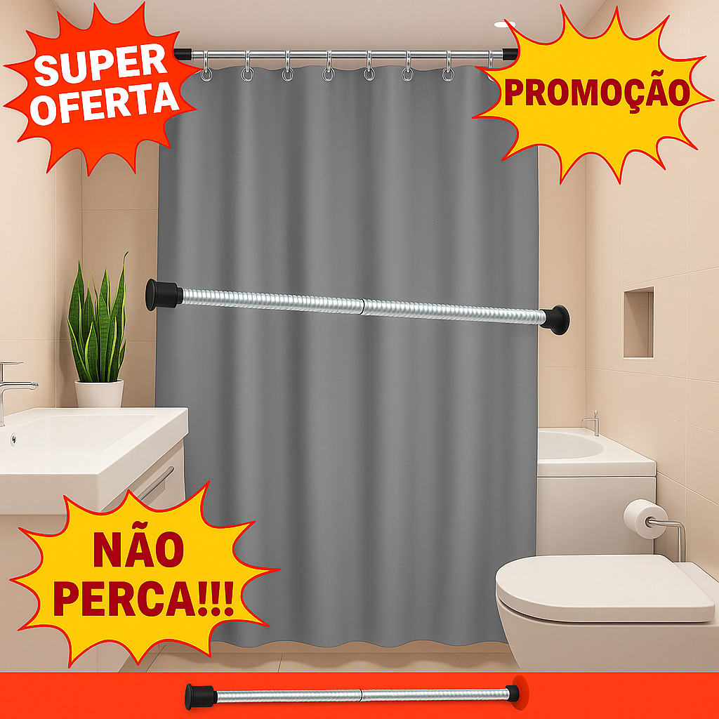 Cortina Box de Banheiro Moderna 1,38x1,98m Vinil Luxo Impermeável + Ganchos com Suporte Extensível