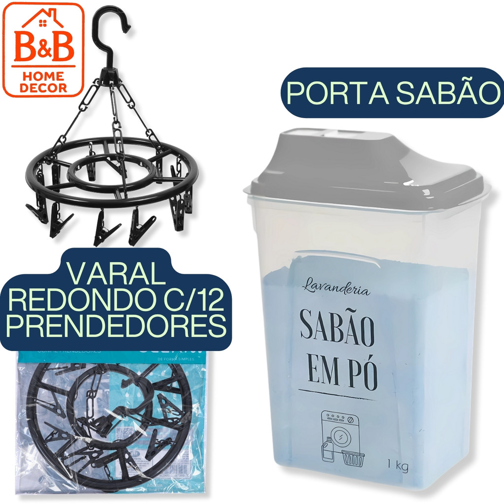 Solução Prática Lavanderia: Porta Sabão em Pó + Varal Roupa Íntima Redondo C/12 Prendedores Fixos