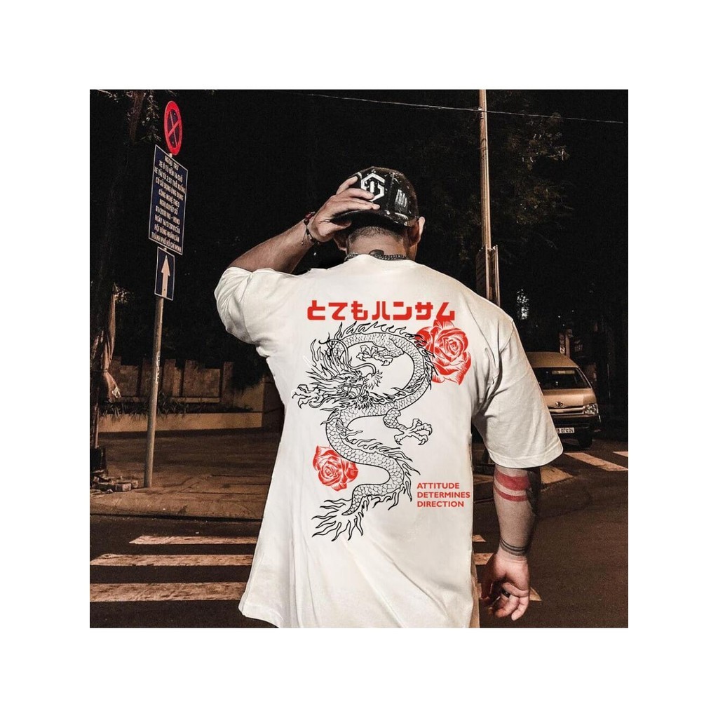 Camiseta Oversized estampada Branca para Academia Confortável Algodão Modelo: "Dragão Oriental"