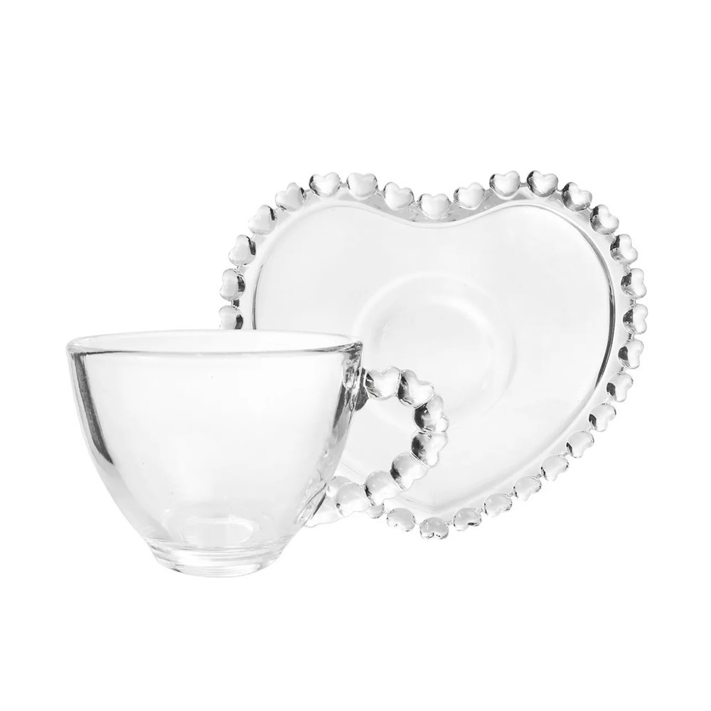 Xícara de Café com Pires em Cristal Coração Cor Transparente Lyor 80ml