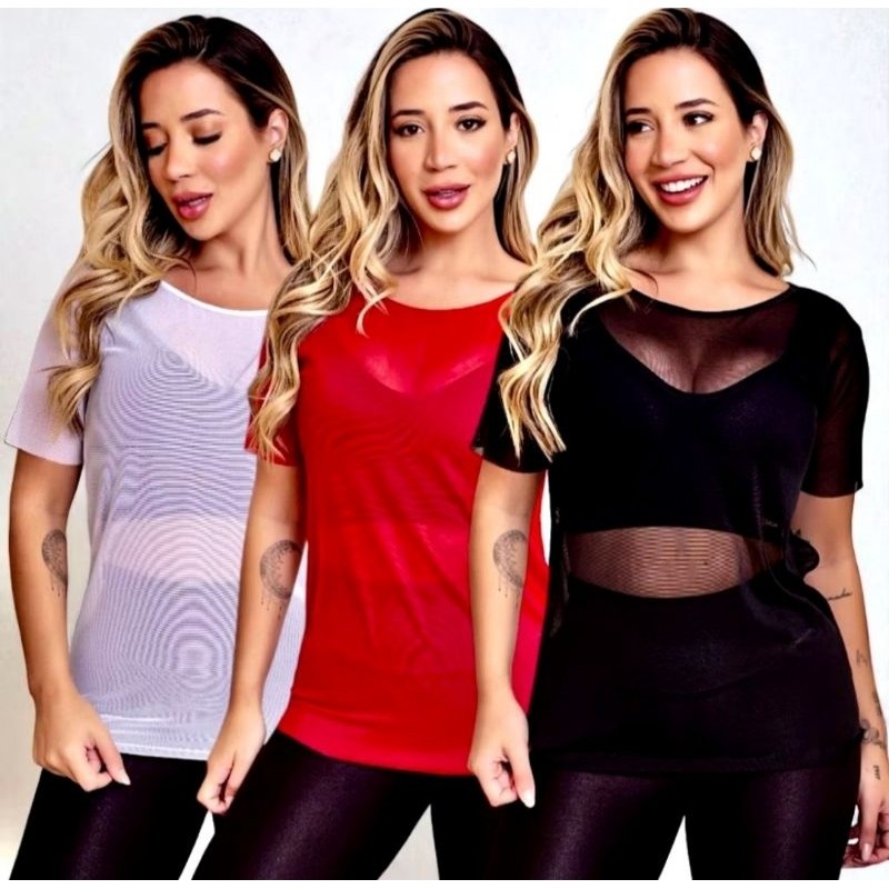 Blusa Feminina Transparente de Tule Manga Curta - Camiseta Academia Treino em Oferta na Shopee