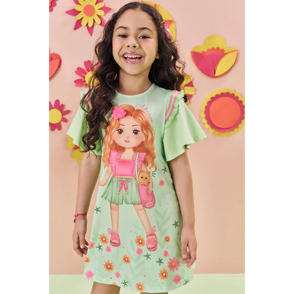 Vestido Soltinho e Confortável Infantil Menina Verão em Meia Malha Verde Princesa -Kukiê