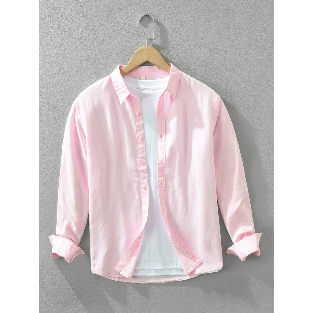 Camisa masculina de linho rosa fresco minimalista Casual de manga comprida preguiçoso diário Commuter camisa de linho de