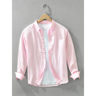 Camisa masculina de linho rosa fresco minimalista Casual de manga comprida preguiçoso diário Commuter camisa de linho de