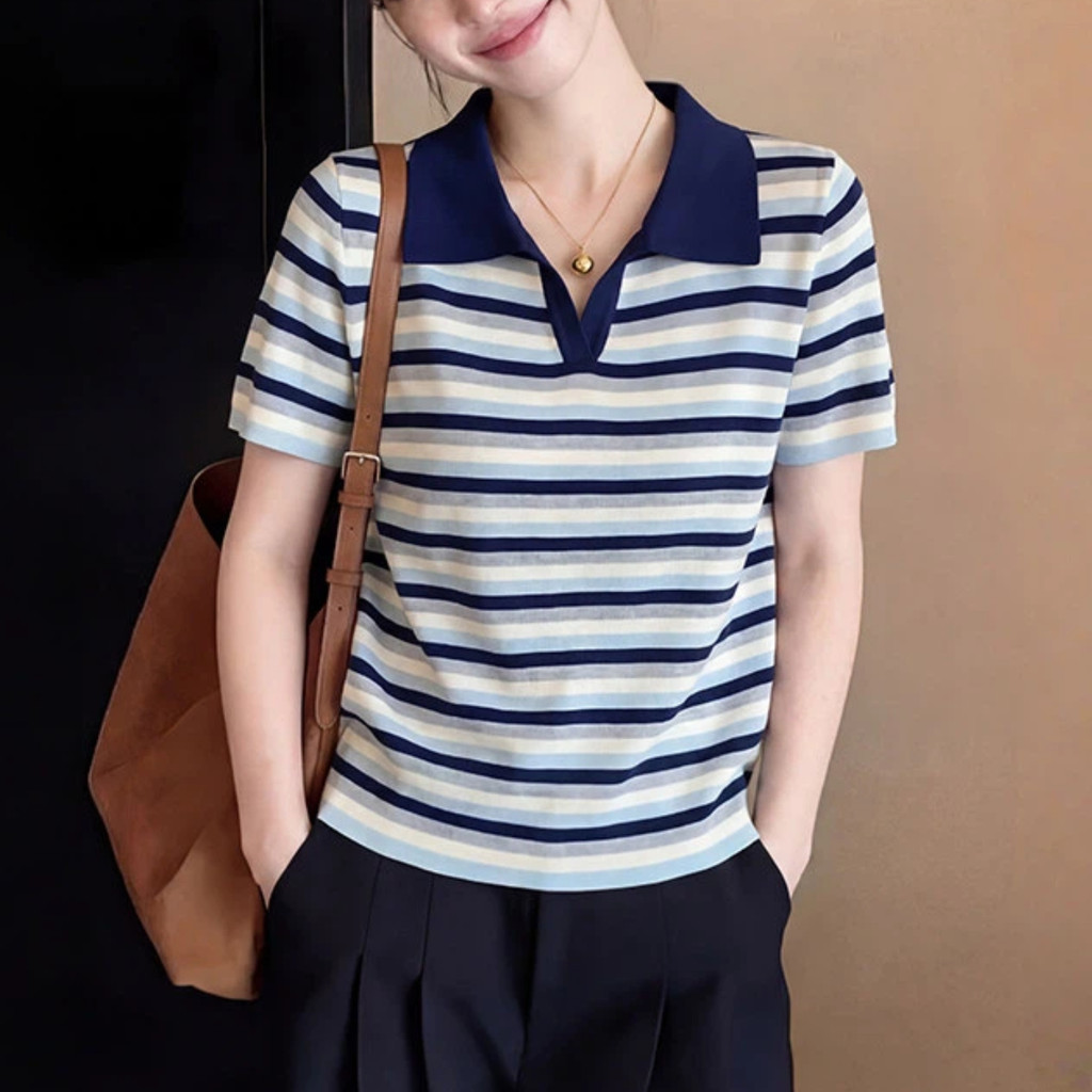 Camiseta listrada de gola polo de manga curta feminina 2026 verão Commuter mãe Wear ins ombro Formal mais magro olhar Te