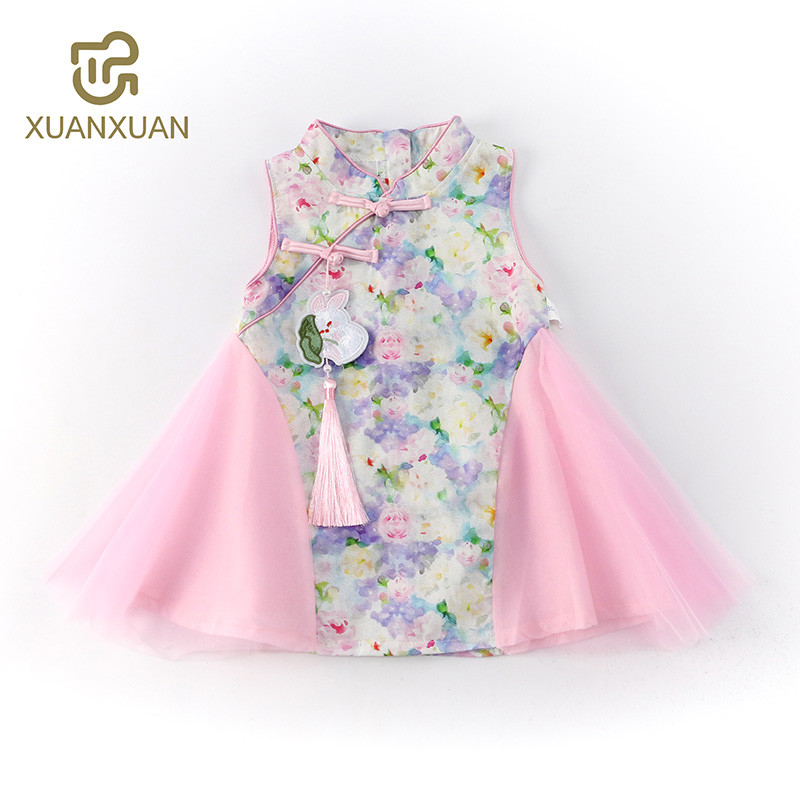 Infantil verão saia fina roupas sem mangas vestido bebê menina antigo Cheongsam Floral algodão respirável legal rápido
