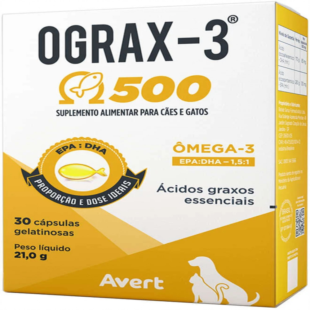 Suplemento para Cães e Gatos Avert Ograx-3 30 Cápsulas 500mg