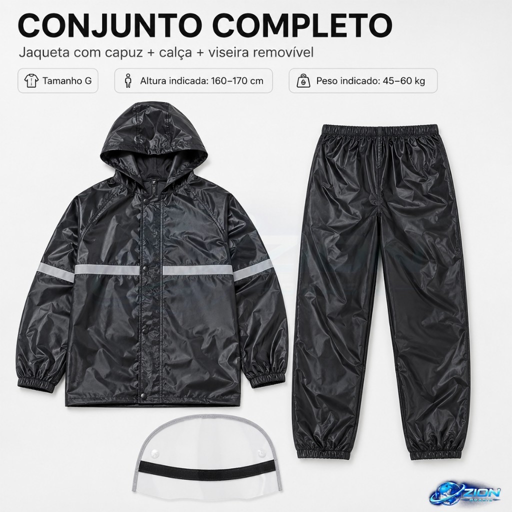Capa De Chuva Motoboy Impermeável Preta Jaqueta Calça Capuz Viseira Protetor Facial Tam G Adulto PVC — imagem 2 de 2