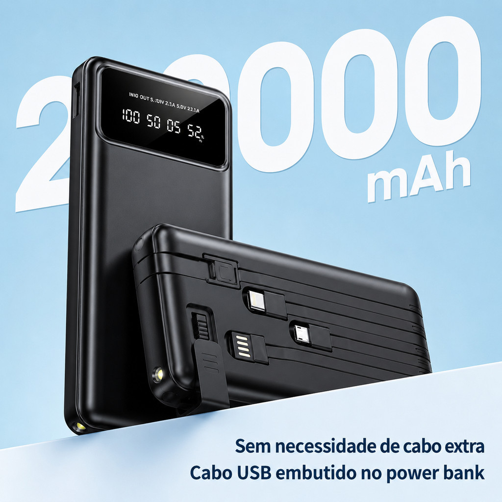 Power Bank 20000mAh Display Digital Carregamento Rápido 22.5W USB Tipo C Lightning Micro USB