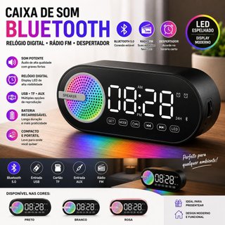 Caixa de Som Bluetooth com Relógio Digital LED Espelhado Despertador Rádio FM USB TF AUX Recarregável