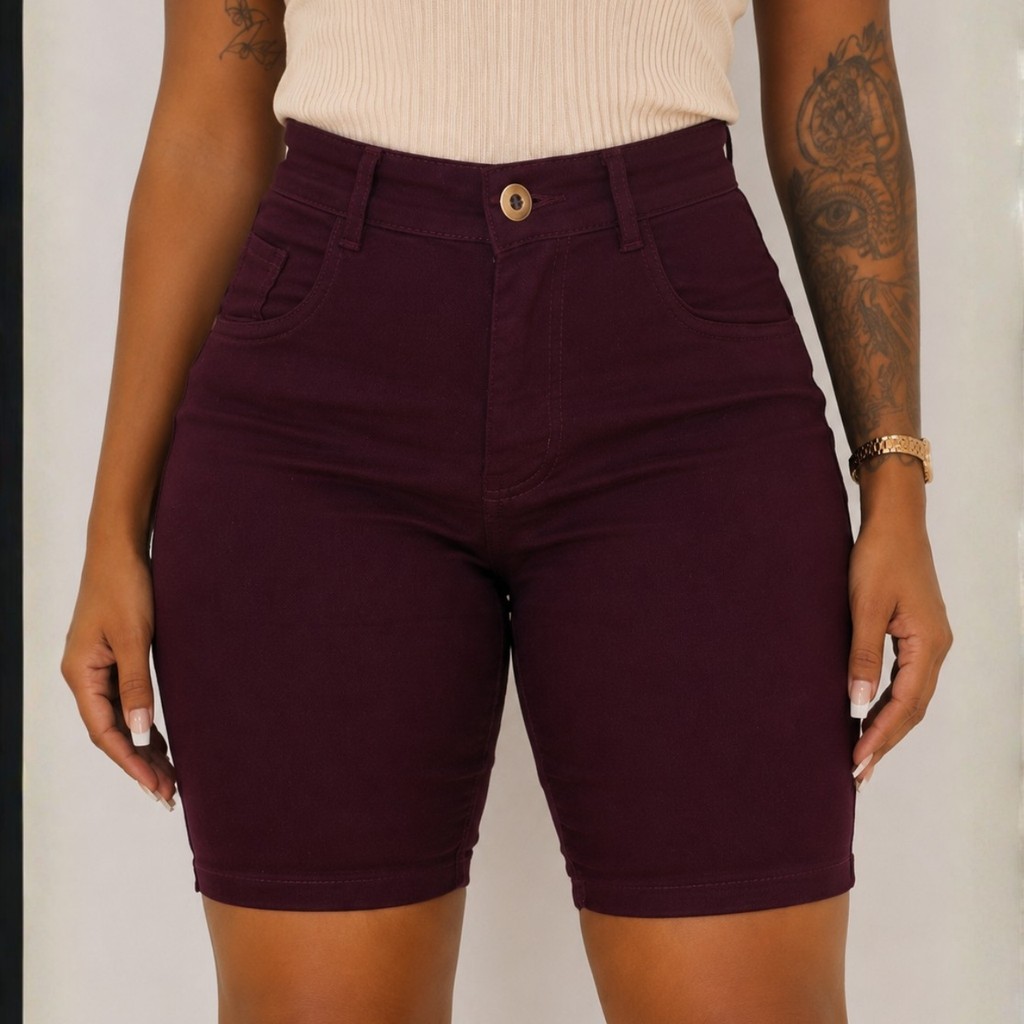 Bermuda Feminina Bordô Sarja Jeans Lycra Confortável Acinturada